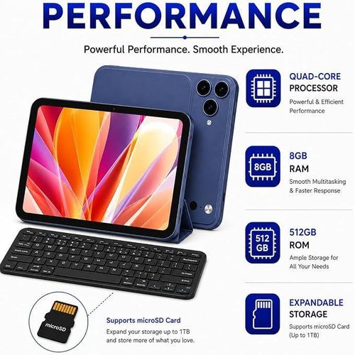 Modio M135 8 Inch Android 16.0 Tablet, 8GB RAM 512GB Storage, 5000mAh Battery, 20MP Rear Camera, 8MP Front Camera, IPS HD Display, Dual SIM, Wi-Fi, Keyboard, Mouse & Stylus Included (Blue)