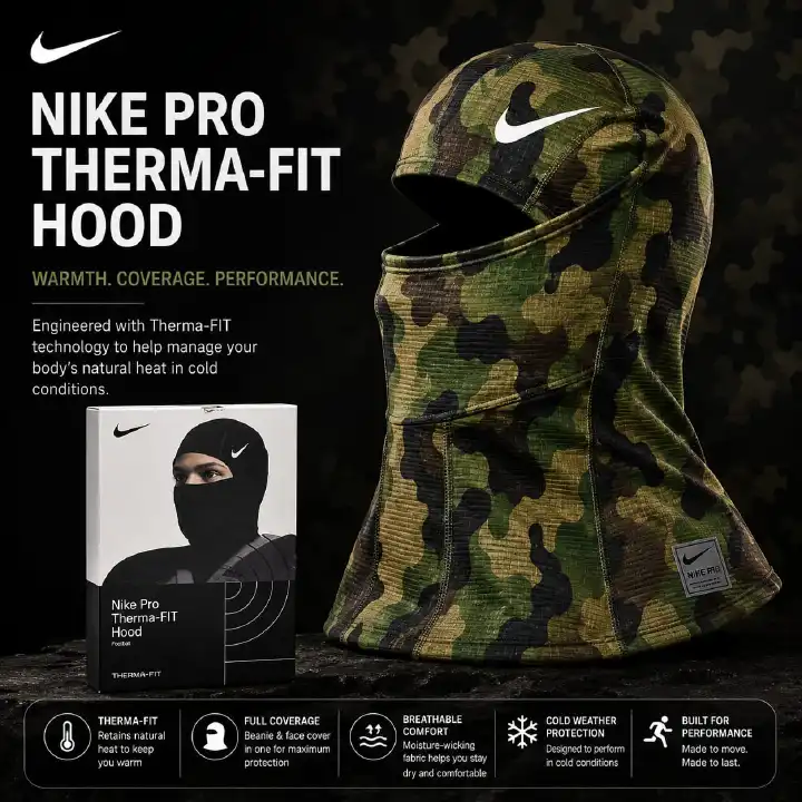 🔥 Nike Pro Therma-FIT Hood Balaclava –Camouflage Winter Face Mask Ski Mask Beanie Full Coverage Cold Weather Sports Hood (mavins, caps, head wraps, head bands)