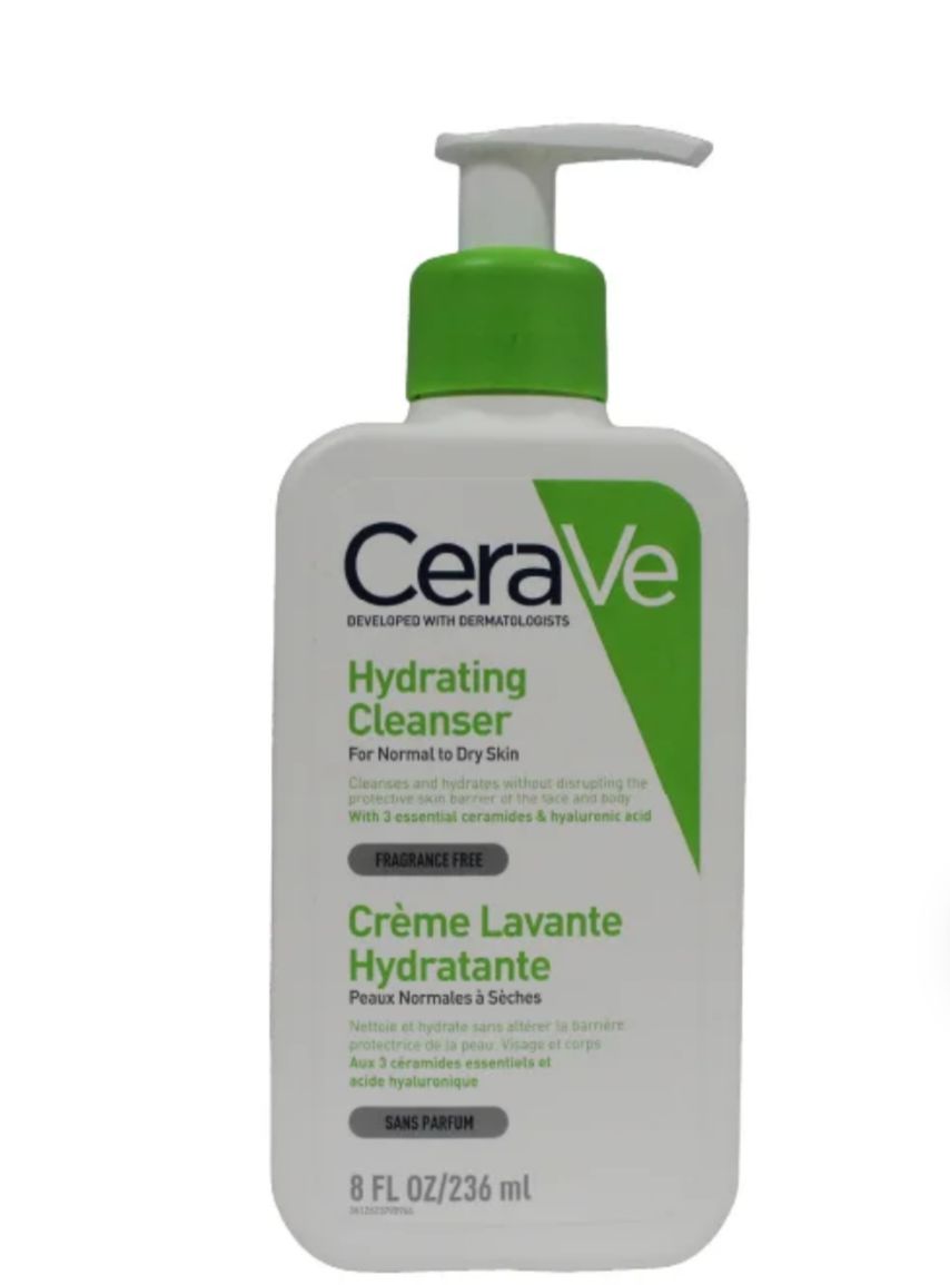 CeraVe Hydrating Cleanser for normal to dry skin in a 236ml bottle. This cleanser is a non-foaming, creamy formula developed with dermatologists.