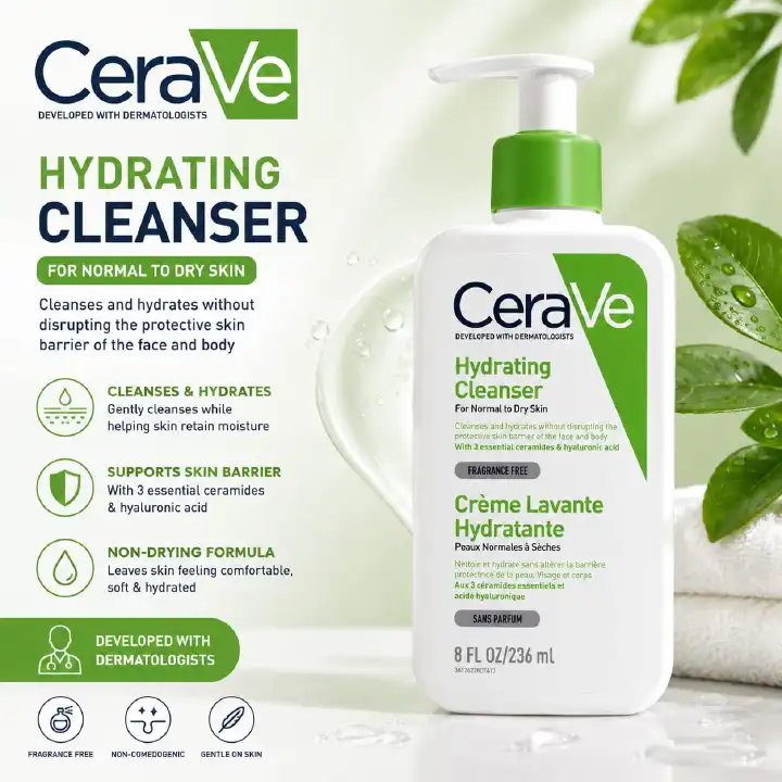 CeraVe Hydrating Cleanser for normal to dry skin in a 236ml bottle. This cleanser is a non-foaming, creamy formula developed with dermatologists.