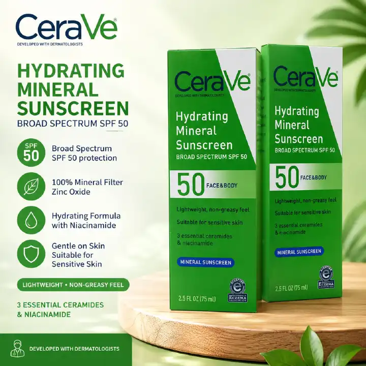 CeraVe Hydrating Mineral Sunscreen SPF 50 – Face & Body | Broad Spectrum UV Protection | Lightweight & Non-Greasy | Sensitive Skin Formula with Zinc Oxide, Ceramides & Niacinamide