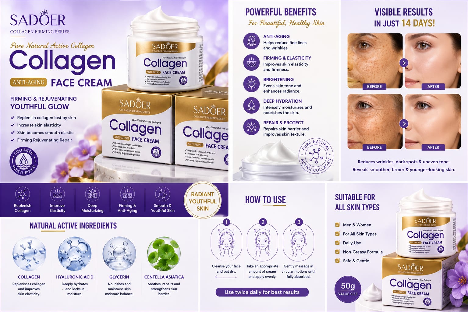 SADOER Collagen Face Cream 50g | Anti-Aging Face Moisturizer | Firming & Lifting Cream | Collagen Skin Repair Cream | Hydrating & Rejuvenating Skincare for Youthful Glowing Skin
