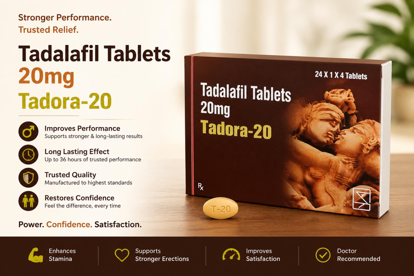 A strip of 4  Men's Sex Enhancers 20 mg; it treats erectile dysfunction for 24-48 hrs for 1 tab with less side effects by increasing blood flow to the penis during sexual stimulation