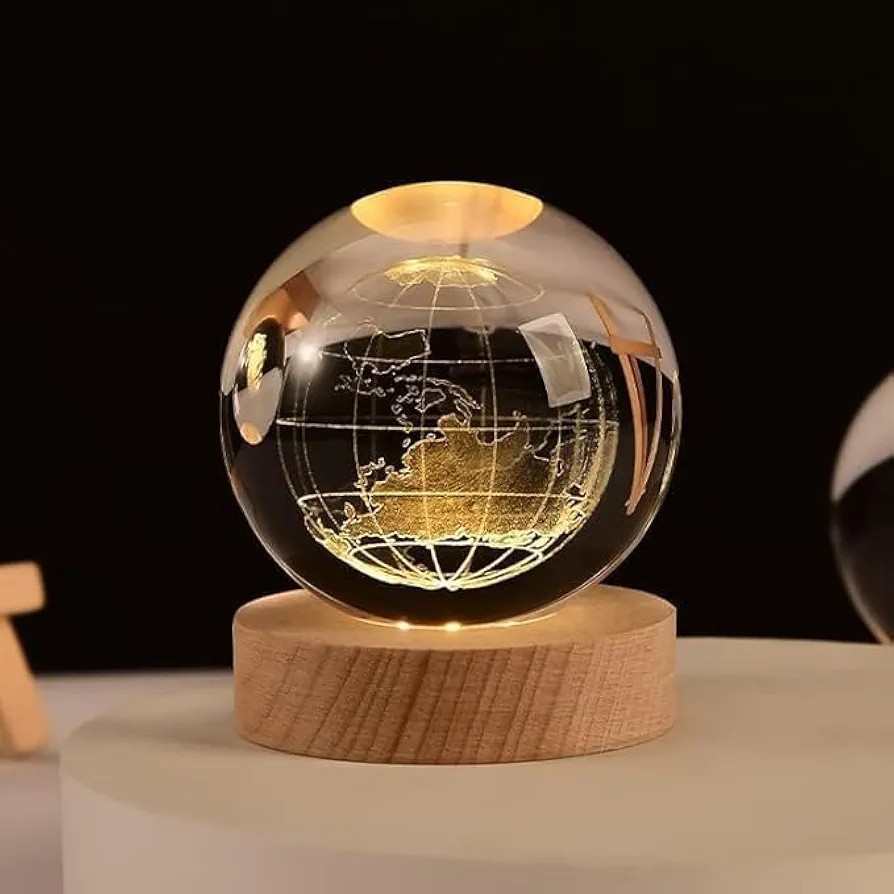 3D Crystal Earth LED Night Lamp – Warm Light Decorative Globe with USB Powered 5V/1A Wall Charger Astronomy Space Gift for Kids Boys Girls Birthday Christmas Room Decor Crystal Earth Ball Lamp