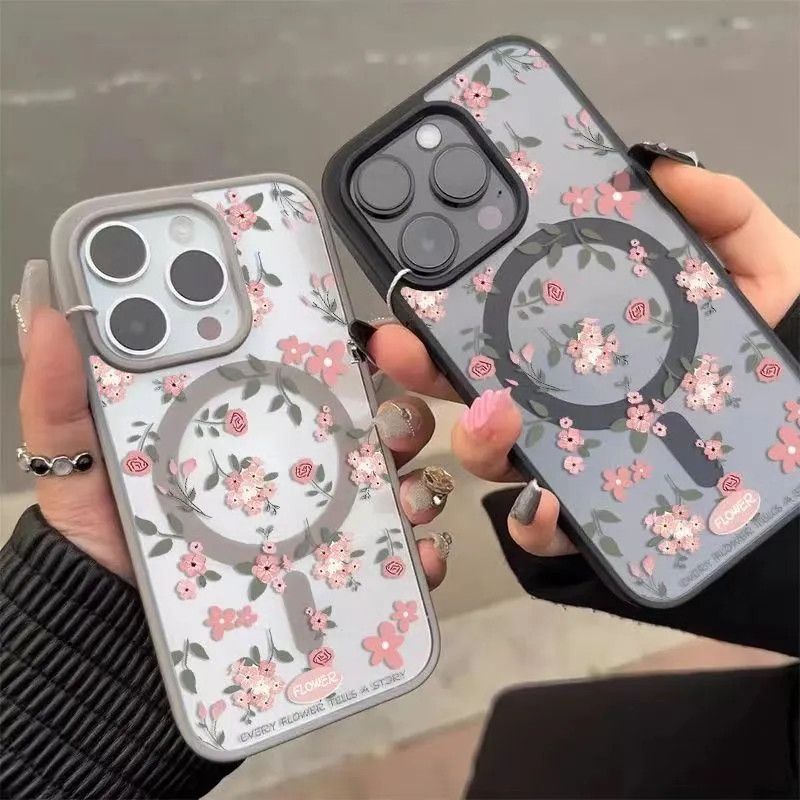 INS Rose case for iPhone 17 Pro, compatible with 16 Pro/15 Pro, black bezel magnetic attachment, suitable for 14/13, elegant design, shockproof for iPhone 12
