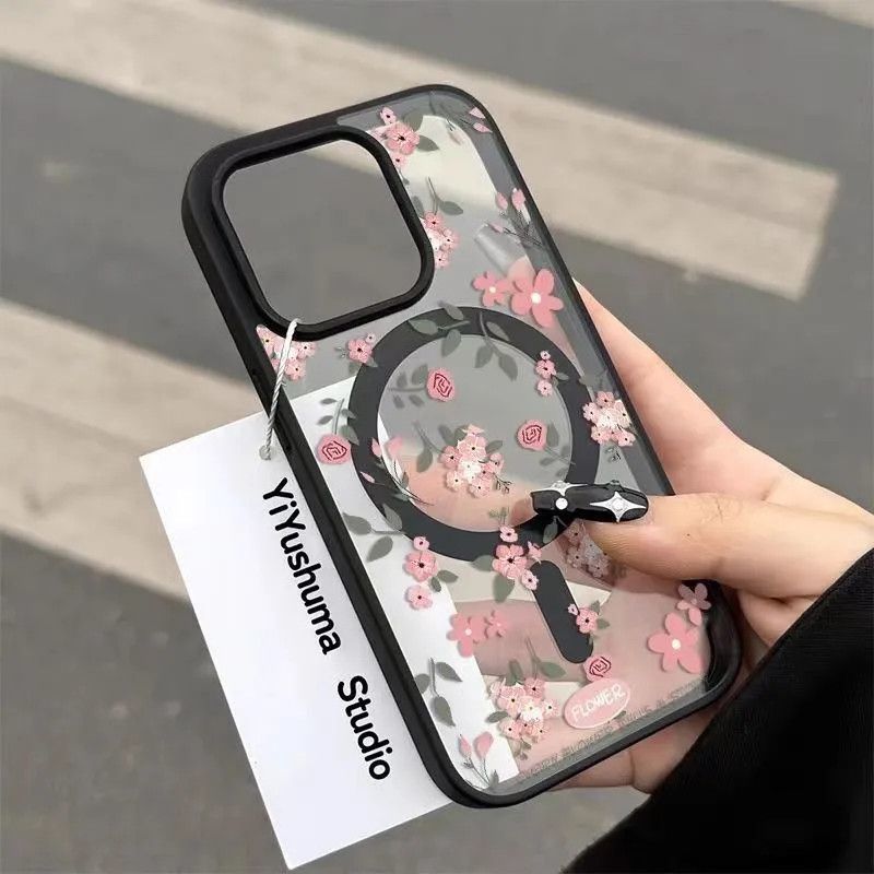INS Rose case for iPhone 17 Pro, compatible with 16 Pro/15 Pro, black bezel magnetic attachment, suitable for 14/13, elegant design, shockproof for iPhone 12