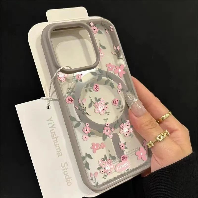 INS Rose case for iPhone 17 Pro, compatible with 16 Pro/15 Pro, black bezel magnetic attachment, suitable for 14/13, elegant design, shockproof for iPhone 12