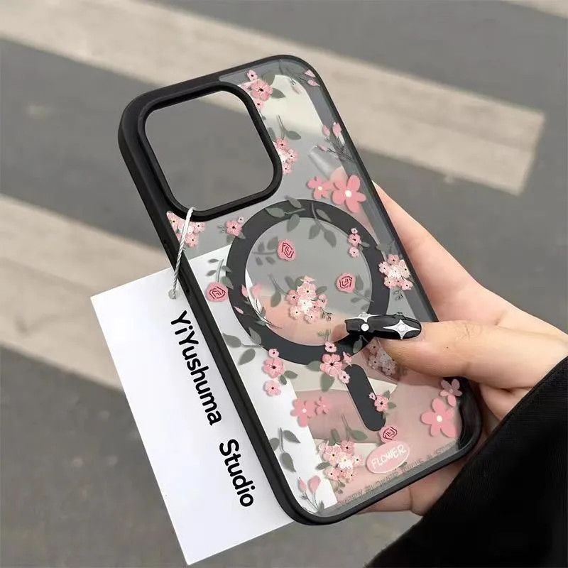 INS Rose case for iPhone 17 Pro, compatible with 16 Pro/15 Pro, black bezel magnetic attachment, suitable for 14/13, elegant design, shockproof for iPhone 12