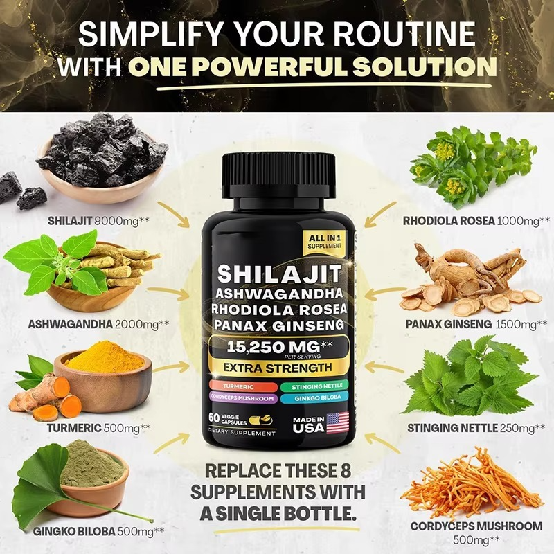 Shilajit Extract Capsule Ayurveda Humic Fulvic Acid and Trace Support 85 Minerals Shilajit Capsules Shilajit 8-in-1 Supplement with Ashwagandha, Rhodiola Rosea & Panax Ginseng - Strength & Energy