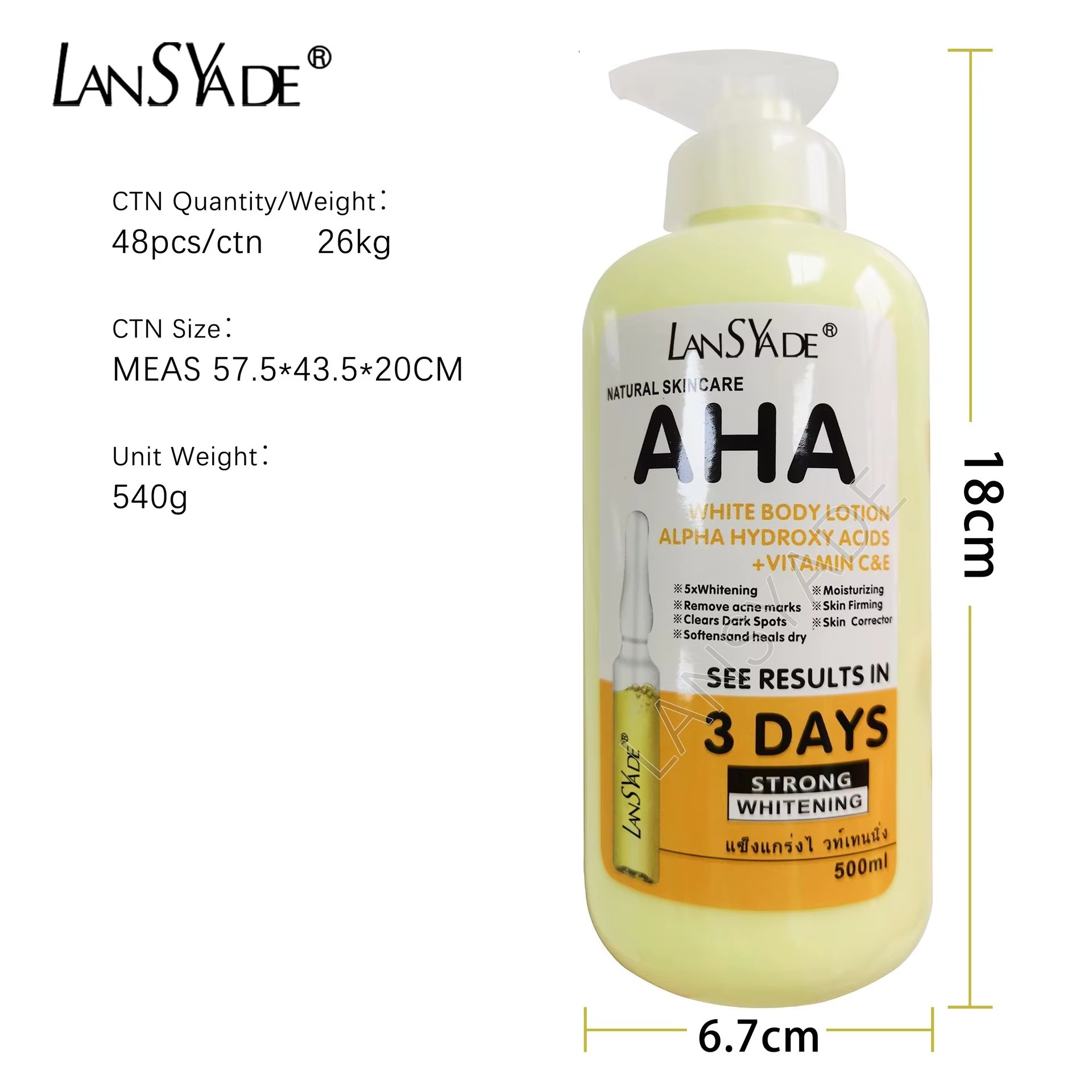 AHA LansYade Fruit Acid Vitamin C & Vitamin E Skin Moisturizing Body Lotion 500ml. / LansYade 500ml Vitamin C Whitening Body lotion 3 day