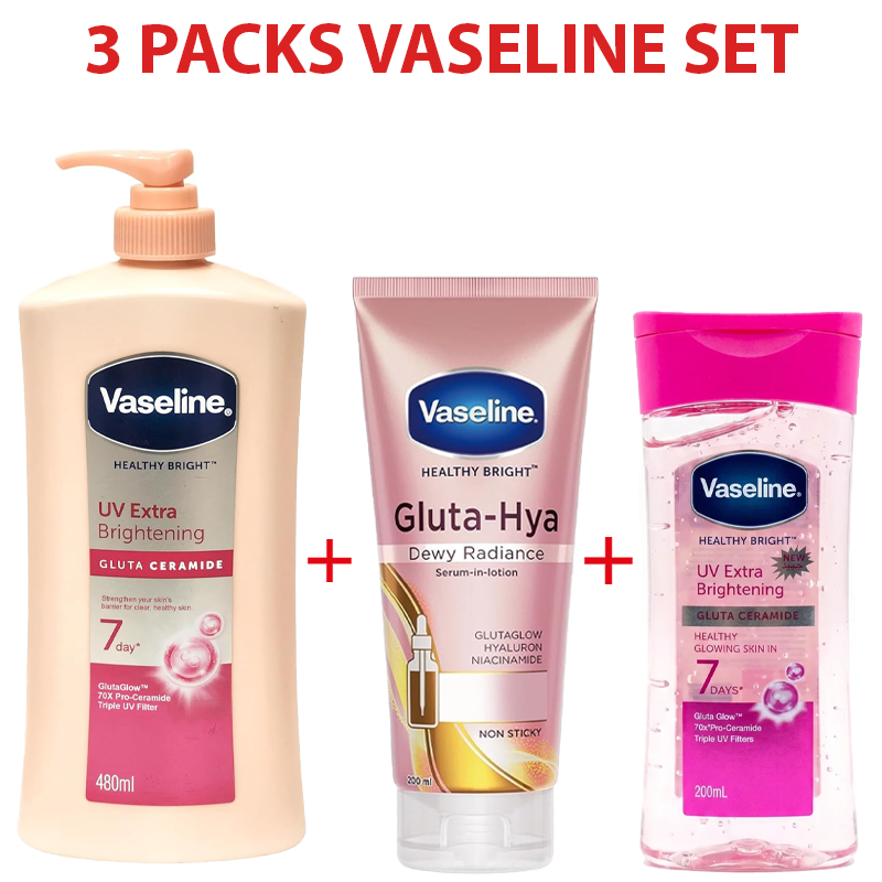 3 Packs Vaseline Set UV Extra Brightening Even Tone Body Lotion + Dewway Radiance Serum + Vaseline Body Oil for Glowing Skin, with Vitamin B3 - 500ml For Radiant Looking Skin Vaseline Body Lotion