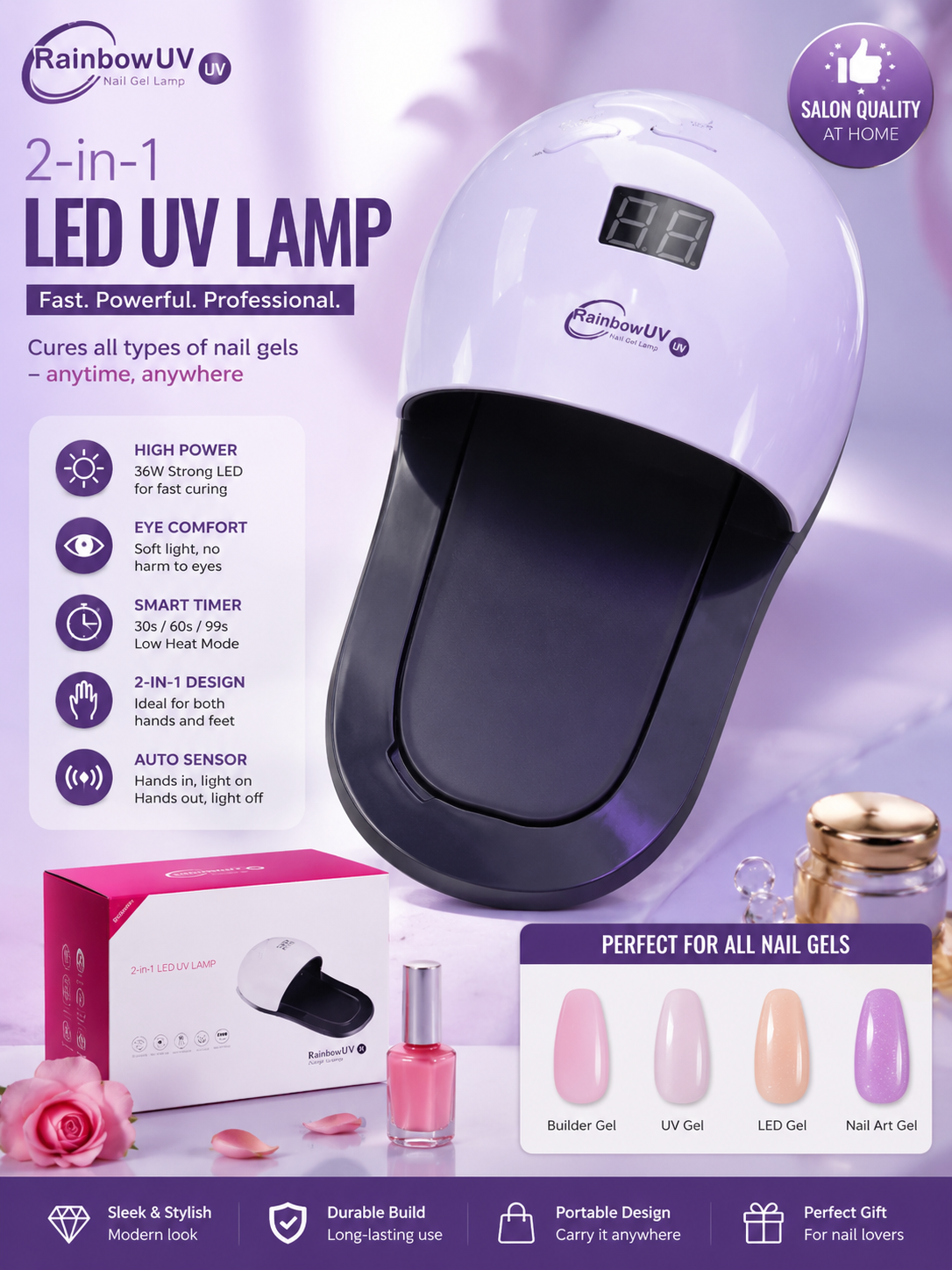 Rainbow UV 2-In-1 LED UV Nail Lamp 48W Professional Nail Dryer Gel Polish Curing Lamp With Smart Sensor LCD Display Fast Drying Machine For Manicure Pedicure Salon Home Use