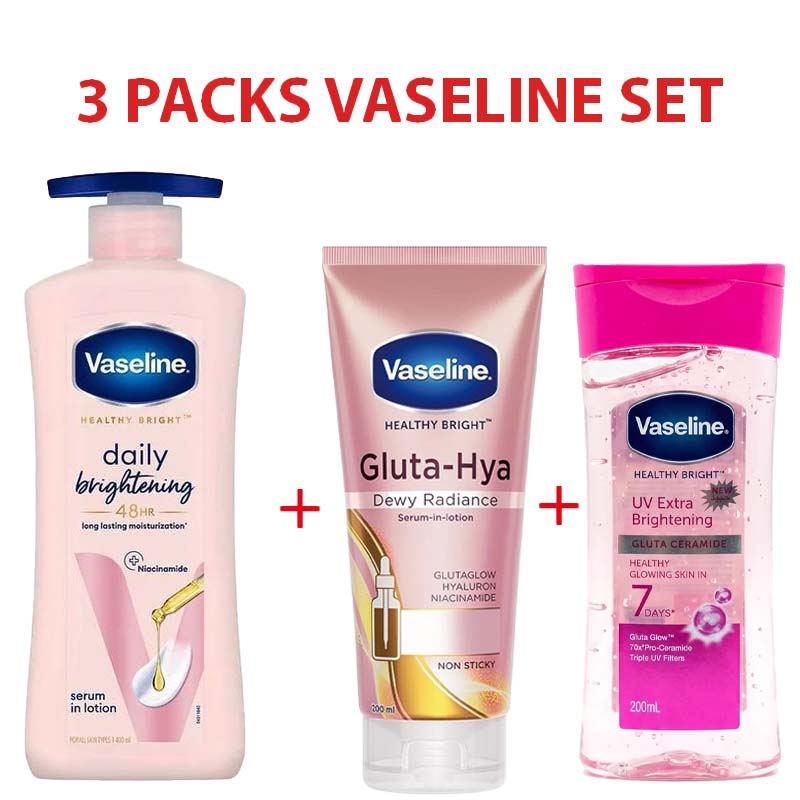 3 Packs Vaseline Set UV Extra Brightening Even Tone Body Lotion + Dewway Radiance Serum + Vaseline Body Oil for Glowing Skin, with Vitamin B3 - 500ml For Radiant Looking Skin Vaseline Body Lotion