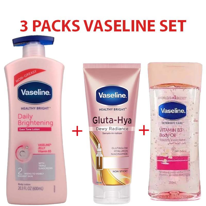 3 Packs Vaseline Set UV Extra Brightening Even Tone Body Lotion + Dewway Radiance Serum + Vaseline Body Oil for Glowing Skin, with Vitamin B3 - 500ml For Radiant Looking Skin Vaseline Body Lotion
