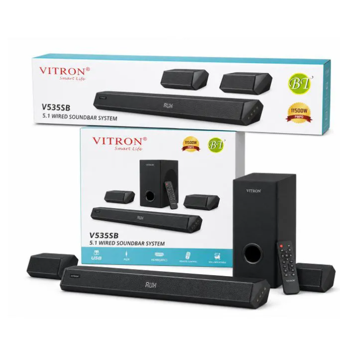 VITRON V535SB 5.1CH WIRED SOUNDBAR SYSTEM WITH SUBWOOFER,SATELLITE SPEAKERS 11500W PMPO