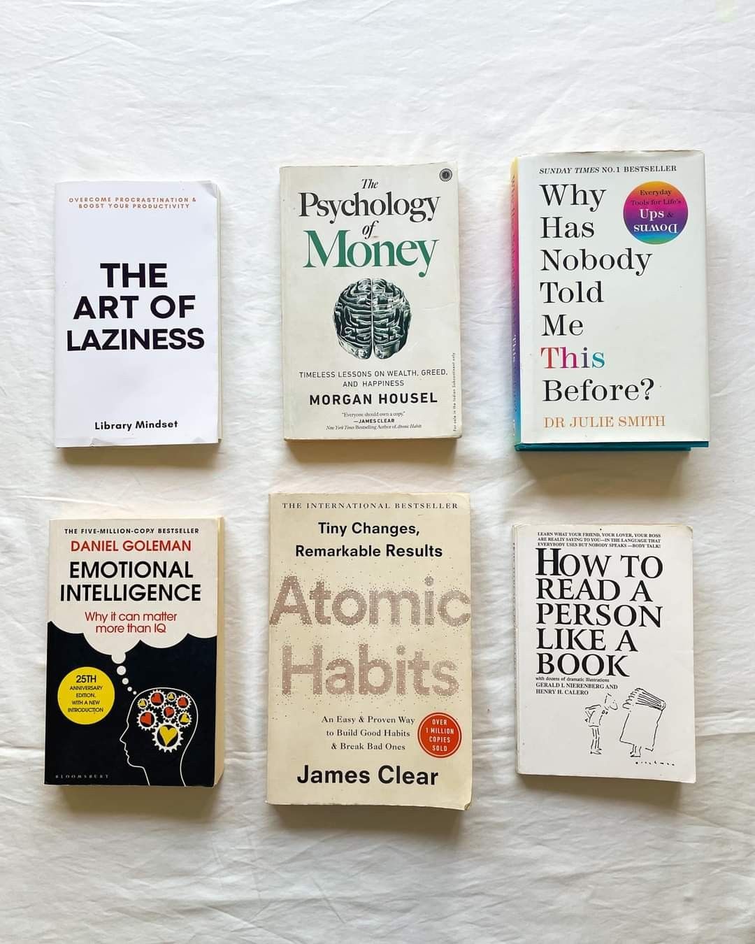 1. The Art of Laziness by Library Mindset 2. Psychology of Money by Morgan Housel 3. Emotional Intelligence by Daniel Goleman 4. Atomic Habits by James Clear