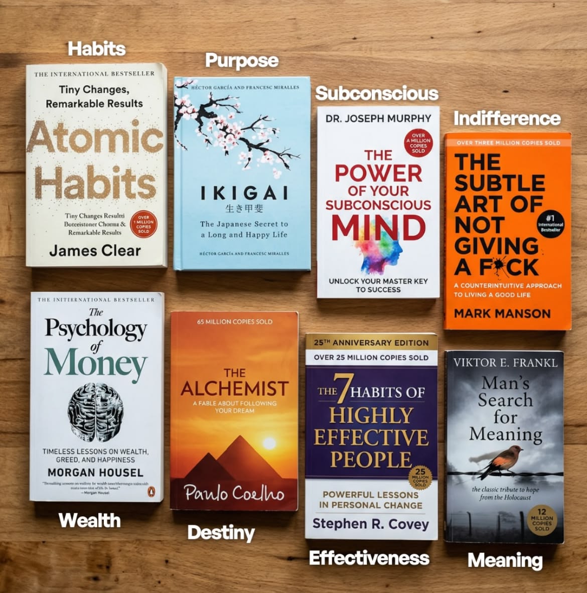 1. Atomic Habits 2. Ikigai 3. The Power of Your Subconscious Mind 4. The Subtle Art of Not Giving a F*ck 5. Psychology of Money 6. The Alchemist 7. The 7 Habits of Highly Effective People Man's Search