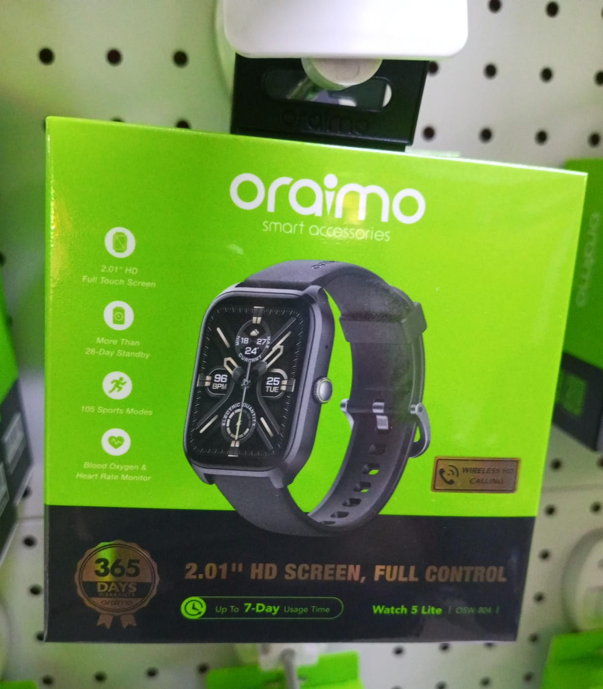 Oraimo smart watch 5 lite OSW 804
Blood Oxygen and Heart rate monitor
Upto 7days usage time
IP68 water resistance