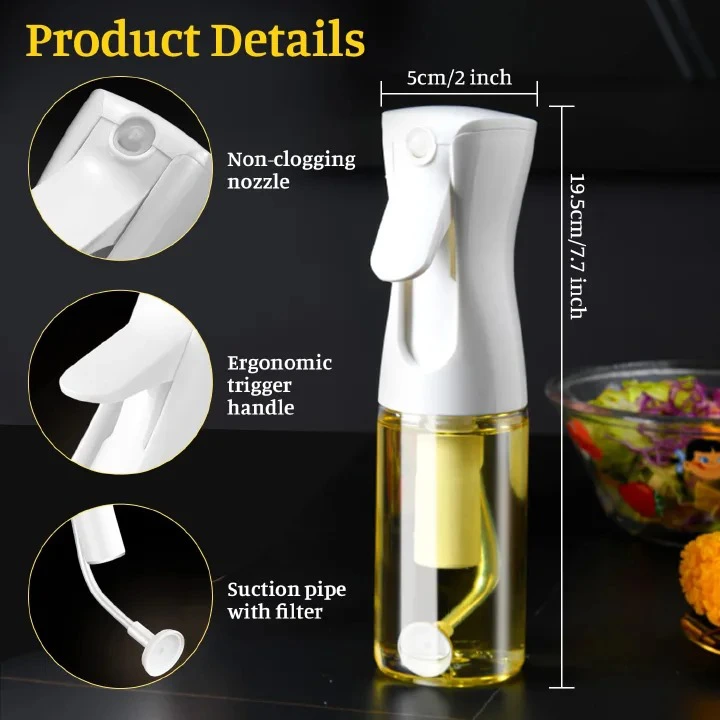 200ml Acrylic oil spray bottle, used to put your preferred cooking oil,vinegar,ideal for healthy cooking.it has a non clogging nozzle, ergonomic trigger handle and a suction pipe with filter