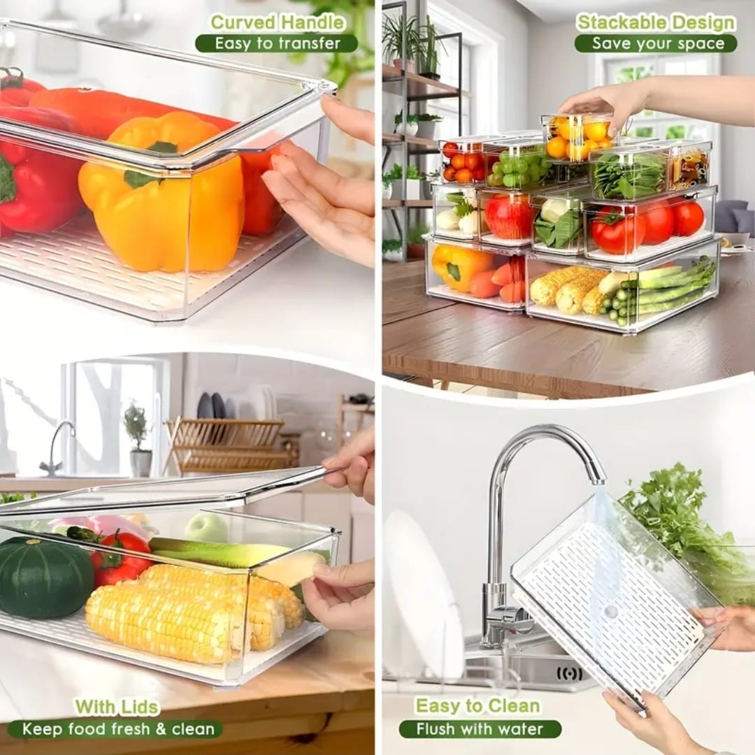 7pcs BPA-Free Stackable acrylic Fridge Organizer Bins with Lids, Clear Refrigerator Storage Containers for Fruit, Vegetables, Food, and Drinks