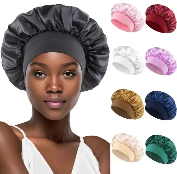 Satin Headscarf Hat Sleeping Bonnet Curly Hair Wrap Silk Cap Fashion Wide Soft Elastic Springy Band Head Scarf Headwear Pure Color Night Sleep Hat Nightcap Head Cover
