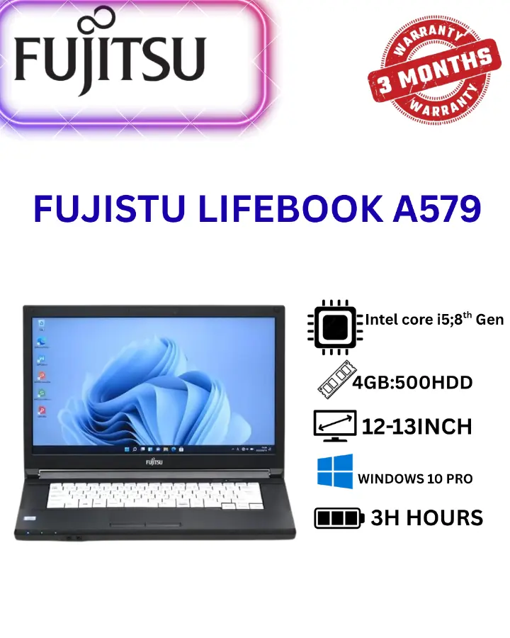 Fujitsu Lifebook A579/B Laptop – 15.6" HD Display, Intel Core i5 8th Gen Processor, 4GB RAM, 500GB HDD, Windows 10 Pro, Wi-Fi, HDMI, USB 3.0 –no cameras.