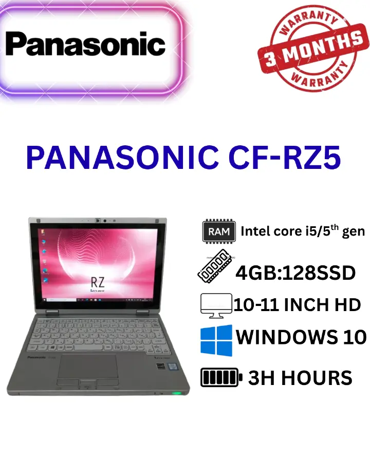 REFURBISHED Panasonic CF-rz5 x360 Laptop Intel Core i5 5th Gen Processor, 4GB RAM, 128GB SSD Storage, Windows 10, 2-in-1 Convertible Business and Student Laptop