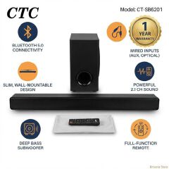 CTC 2.1 Channel Multimedia Soundbar Speaker System, Deep Bass Subwoofer, Bluetooth 5.0 & 12 Months Warranty