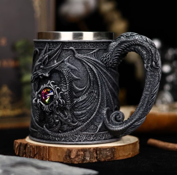 Dragon Eye Beer Mug Medieval Fantasy 3D Sculpted Stainless steel Insulated drinkware.