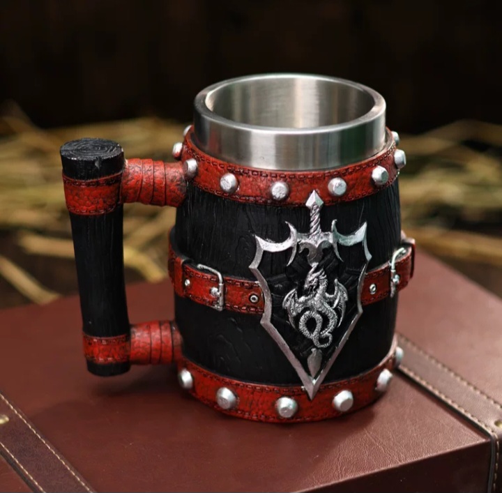 Medieval Vintage beer stein. Dragon Sword and shield mug. wooden Barrel Tankard. a great gift for your friends and clients.