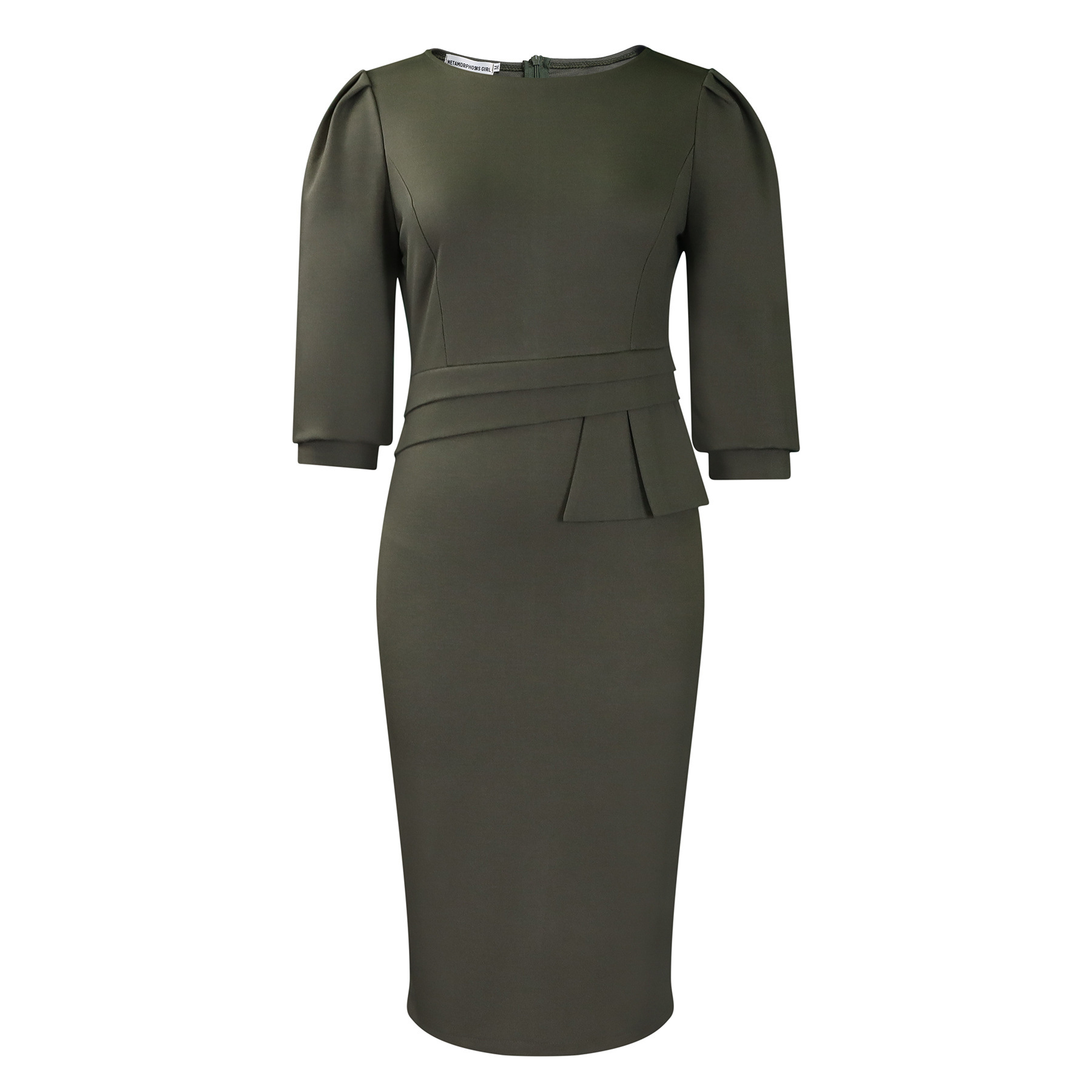2026 African European &  American D505 Women's Clothing Summer New Round-neck Ruffled Elegant Fashion Office Casual Tunic-Pencil Skirt Dress Five-button Sleeves Slim-fitting Elegant Business-style