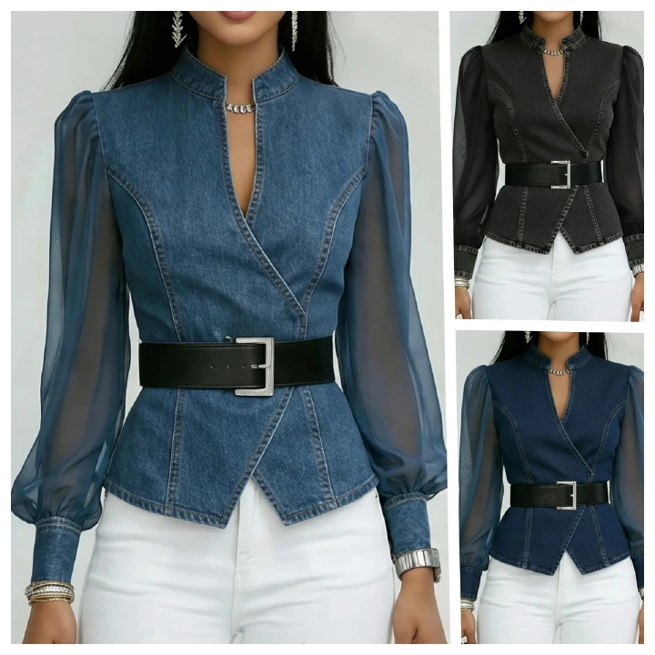 2026European American Women Clothing Designs New Denim Spring/Summer/Autumn V-neck Lace  Long Sleeves Available 
Comfortable Relaxing Beautiful Fashion Waist-tightening style Print
