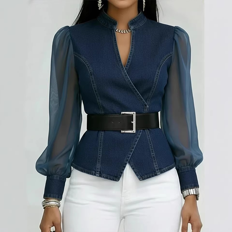 2026European American Women Clothing Designs New Denim Spring/Summer/Autumn V-neck Lace  Long Sleeves Available 
Comfortable Relaxing Beautiful Fashion Waist-tightening style Print