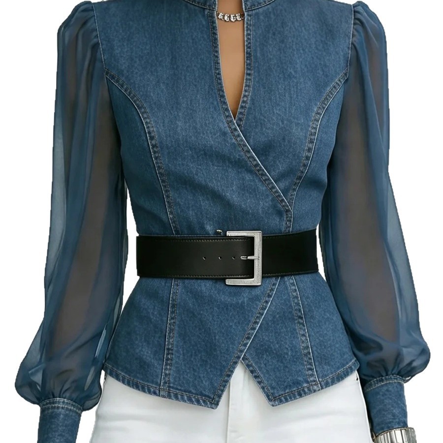 2026European American Women Clothing Designs New Denim Spring/Summer/Autumn V-neck Lace  Long Sleeves Available 
Comfortable Relaxing Beautiful Fashion Waist-tightening style Print