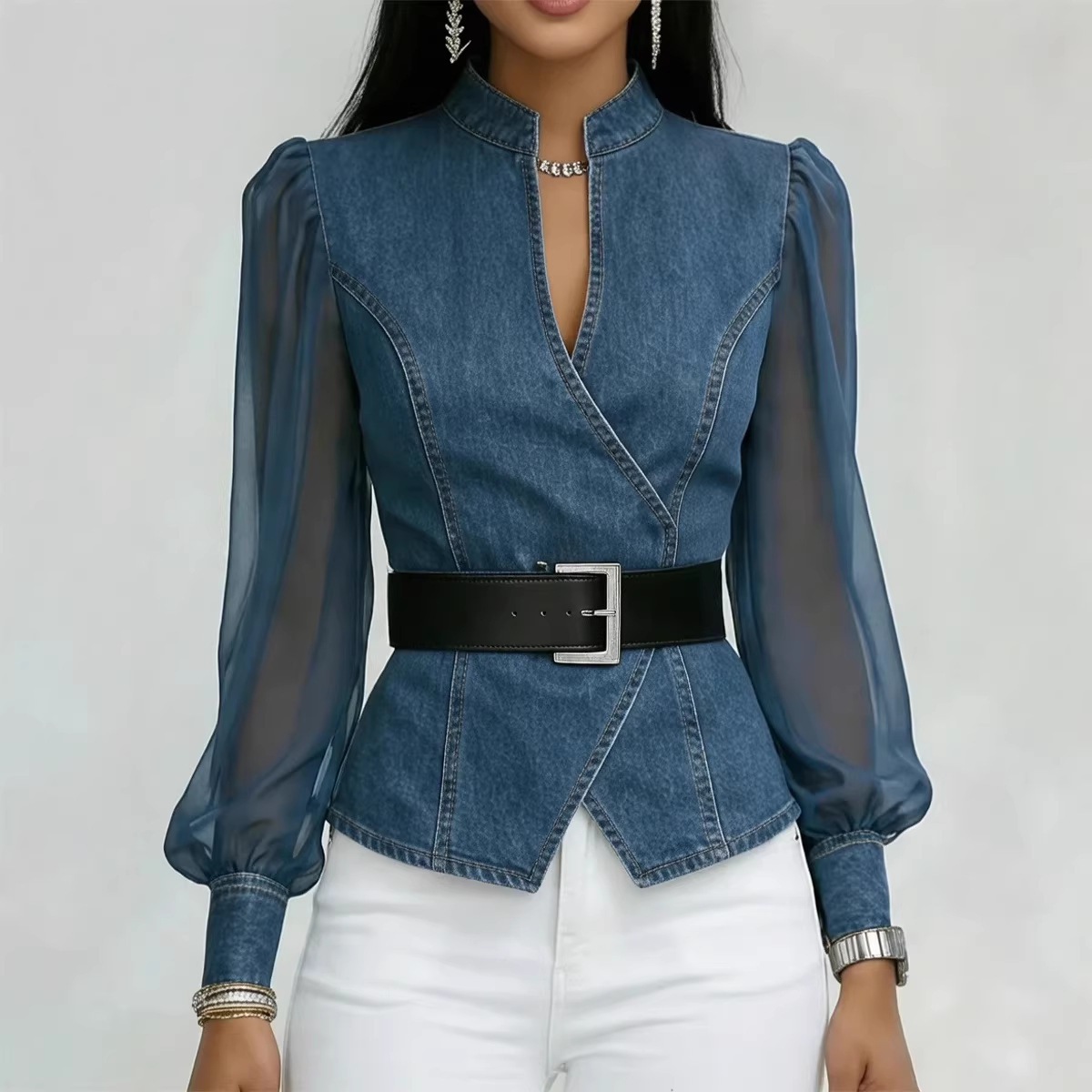 2026European American Women Clothing Designs New Denim Spring/Summer/Autumn V-neck Lace  Long Sleeves Available 
Comfortable Relaxing Beautiful Fashion Waist-tightening style Print
