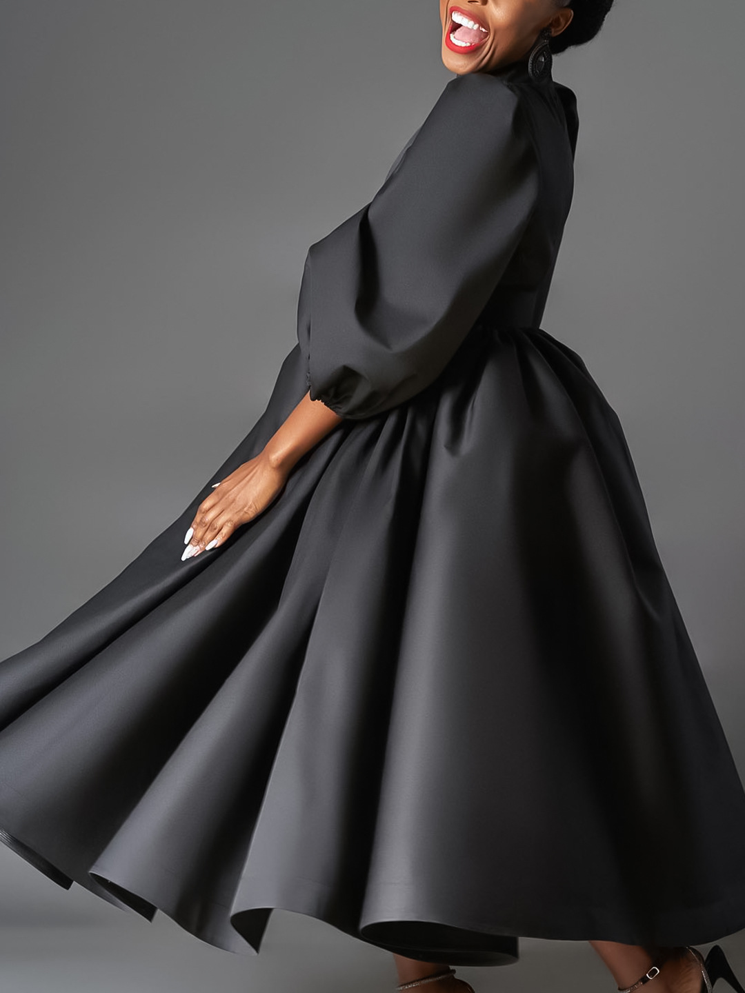Cross-Border Women's Clothing For Plus-Size Wear – European and American-Style Loose-Fitting  Fashionable Solid-Color Long Skirts With Puff Sleeves  Mid-Length Skirts   African-Style Dresses