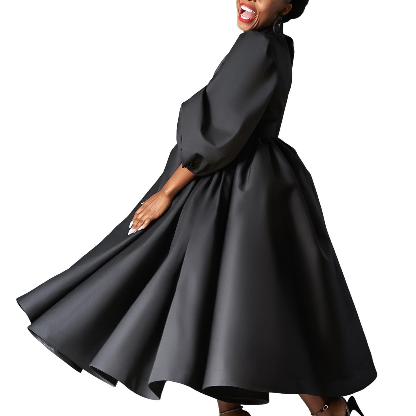 Cross-Border Women's Clothing For Plus-Size Wear – European and American-Style Loose-Fitting  Fashionable Solid-Color Long Skirts With Puff Sleeves  Mid-Length Skirts   African-Style Dresses
