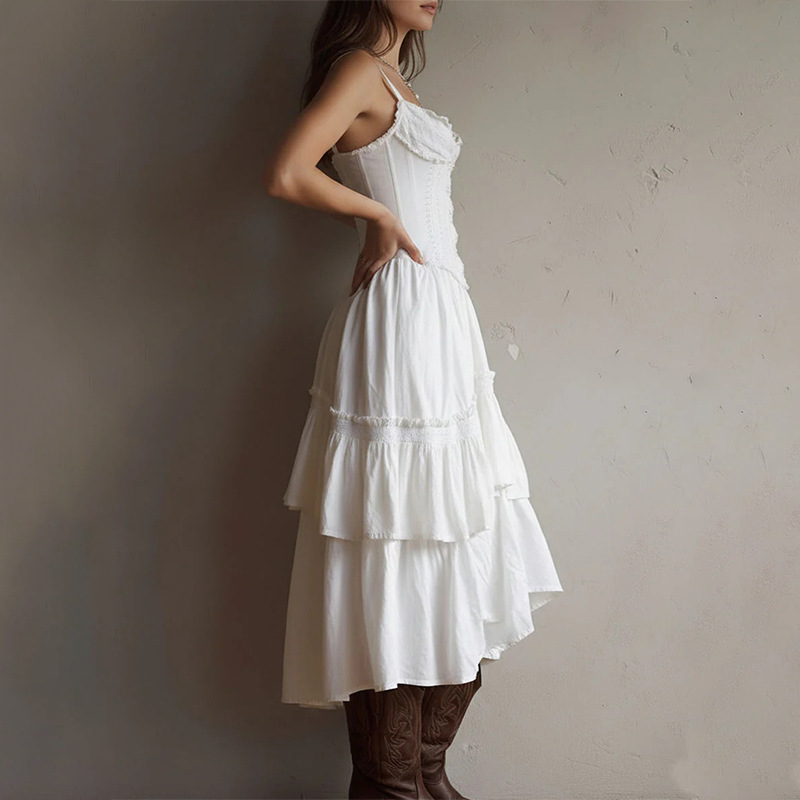 2026 European & American Summer Fashion – Cross-Border Collection: Elegant, Stylish Solid-Color Slip-Front Dress  Waistband and Lace Trim   Casual  Comfortable Solid-Color Cake Dress  Waist-Cinching