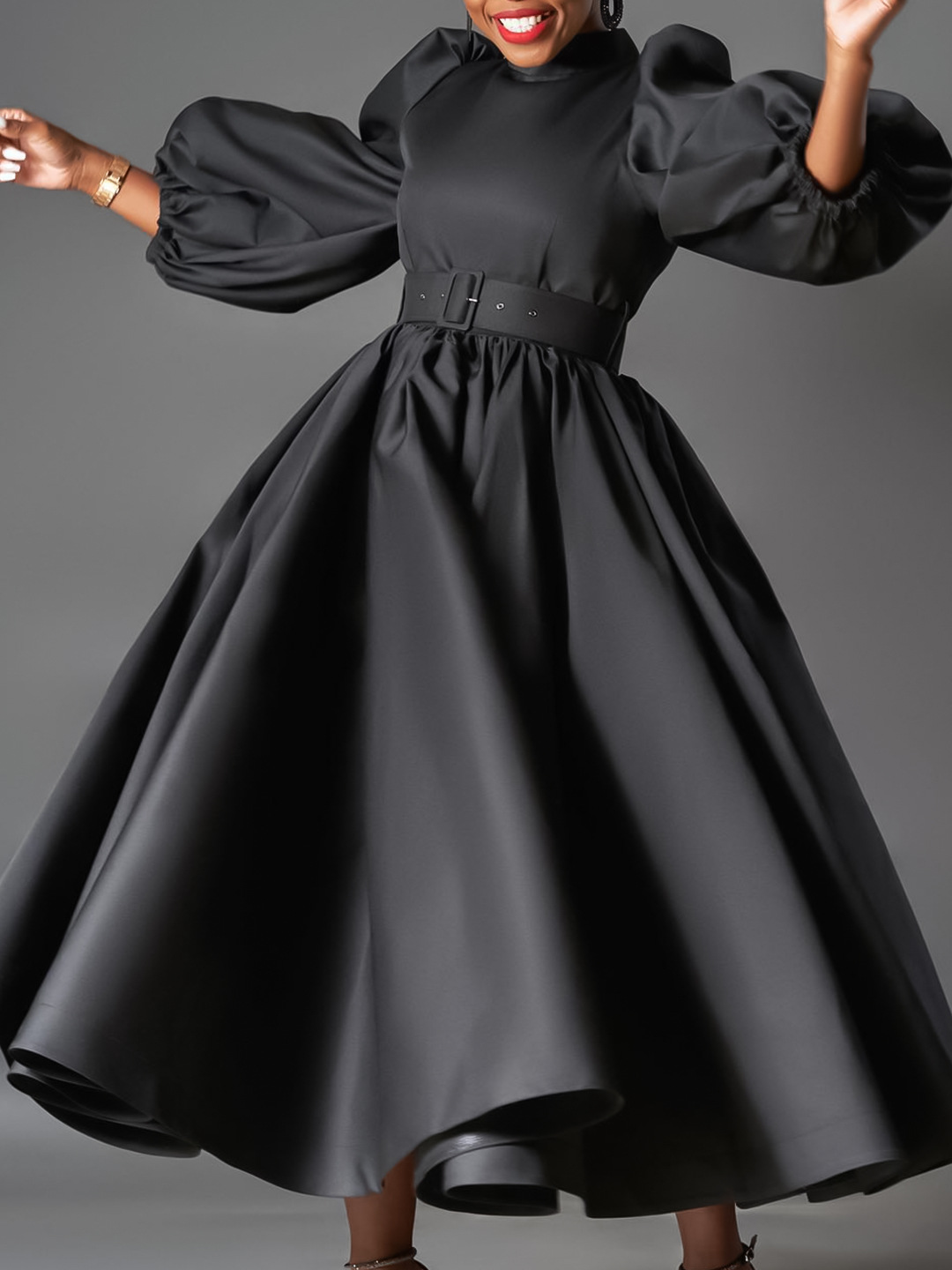 Cross-Border Women's Clothing For Plus-Size Wear – European and American-Style Loose-Fitting  Fashionable Solid-Color Long Skirts With Puff Sleeves  Mid-Length Skirts   African-Style Dresses