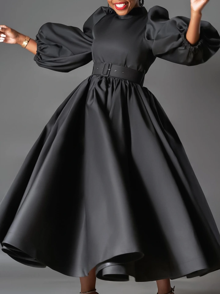 Cross-Border Women's Clothing For Plus-Size Wear – European and American-Style Loose-Fitting  Fashionable Solid-Color Long Skirts With Puff Sleeves  Mid-Length Skirts   African-Style Dresses