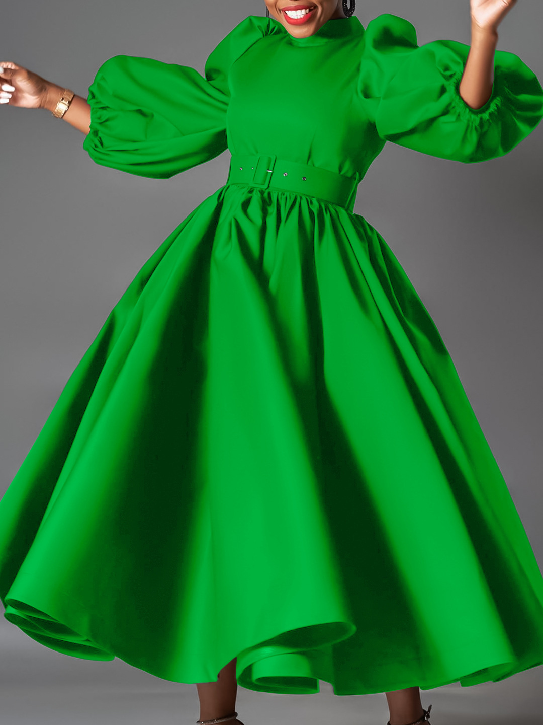 Cross-Border Women's Clothing For Plus-Size Wear – European and American-Style Loose-Fitting  Fashionable Solid-Color Long Skirts With Puff Sleeves  Mid-Length Skirts   African-Style Dresses