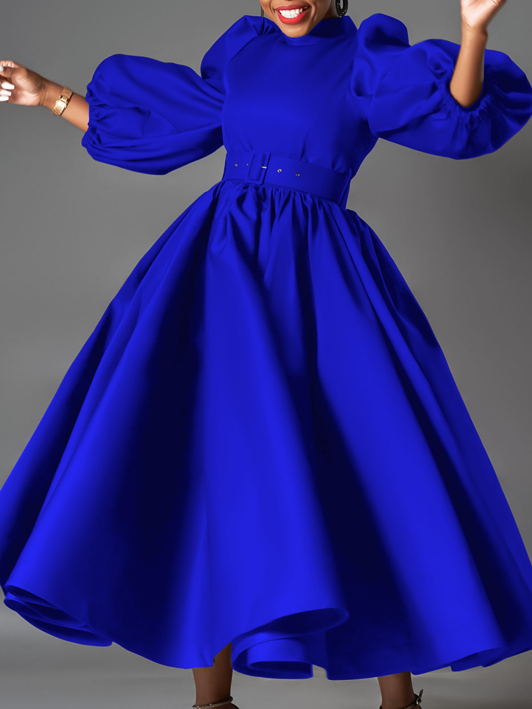 Cross-Border Women's Clothing For Plus-Size Wear – European and American-Style Loose-Fitting  Fashionable Solid-Color Long Skirts With Puff Sleeves  Mid-Length Skirts   African-Style Dresses