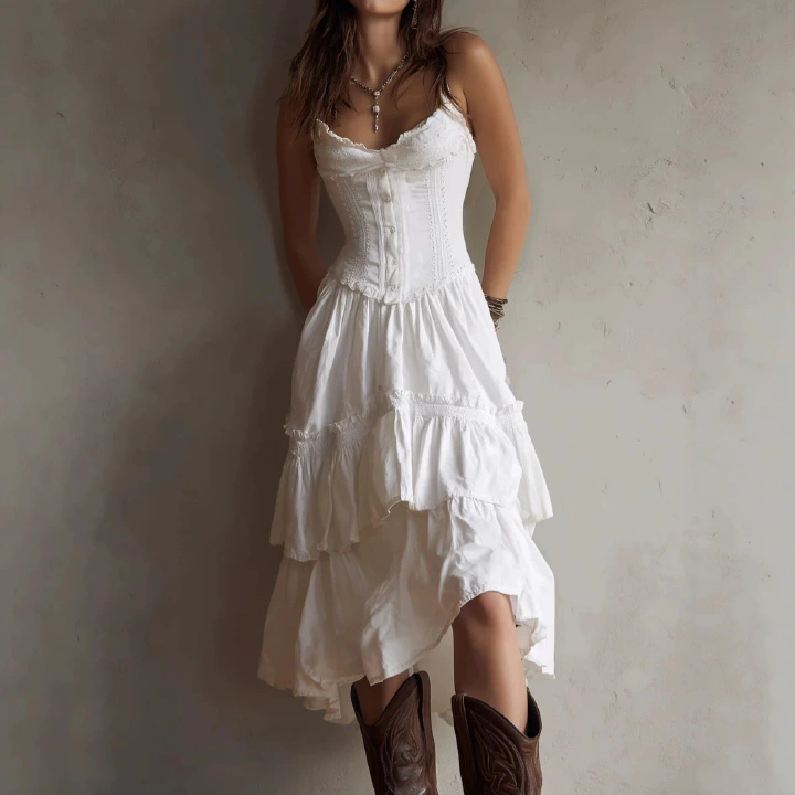 2026 European & American Summer Fashion – Cross-Border Collection: Elegant, Stylish Solid-Color Slip-Front Dress  Waistband and Lace Trim   Casual  Comfortable Solid-Color Cake Dress  Waist-Cinching