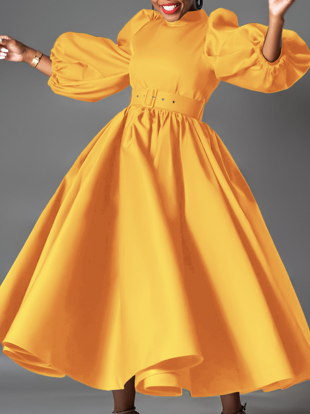 Cross-Border Women's Clothing For Plus-Size Wear – European and American-Style Loose-Fitting  Fashionable Solid-Color Long Skirts With Puff Sleeves  Mid-Length Skirts   African-Style Dresses