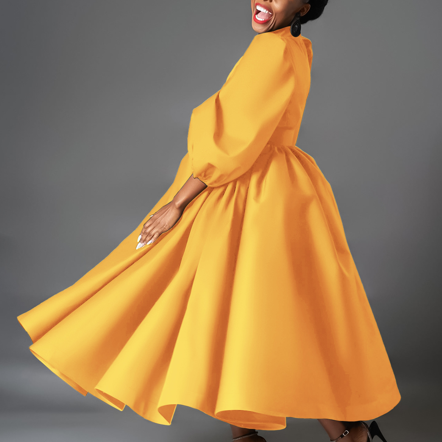 Cross-Border Women's Clothing For Plus-Size Wear – European and American-Style Loose-Fitting  Fashionable Solid-Color Long Skirts With Puff Sleeves  Mid-Length Skirts   African-Style Dresses