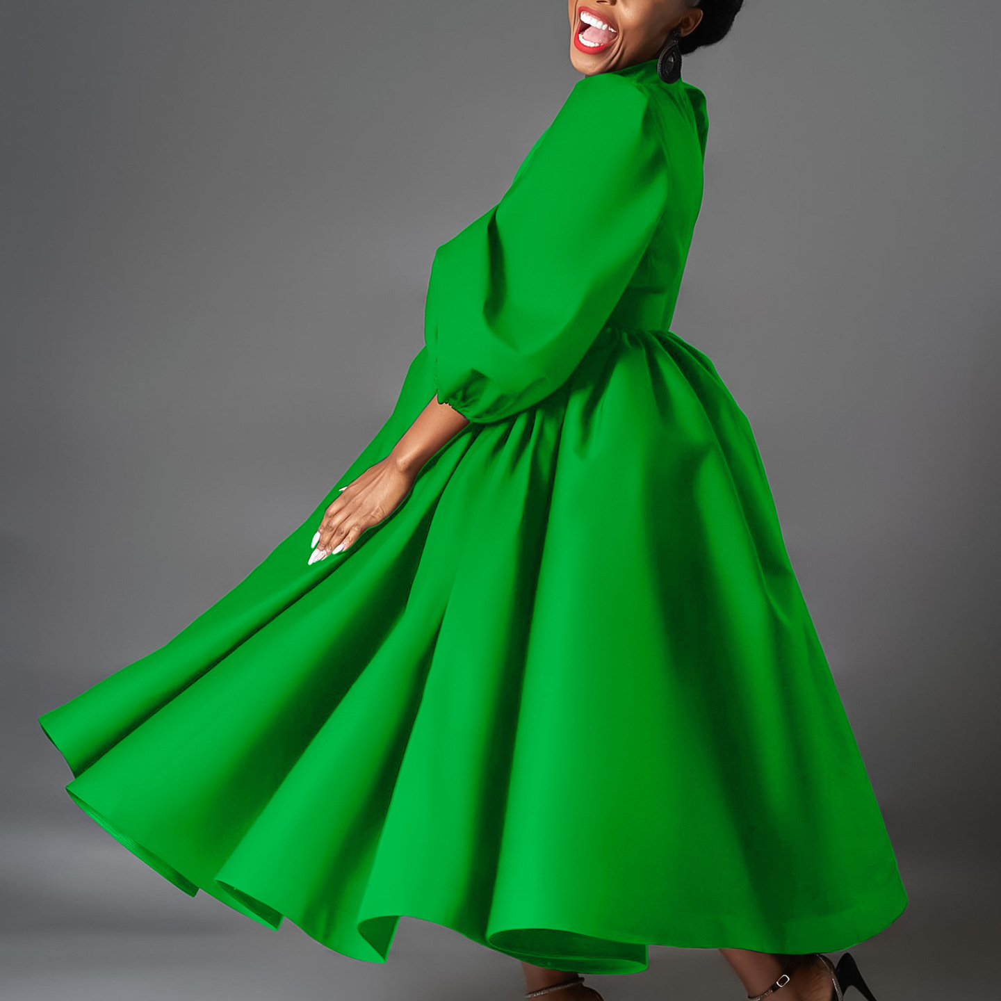 Cross-Border Women's Clothing For Plus-Size Wear – European and American-Style Loose-Fitting  Fashionable Solid-Color Long Skirts With Puff Sleeves  Mid-Length Skirts   African-Style Dresses