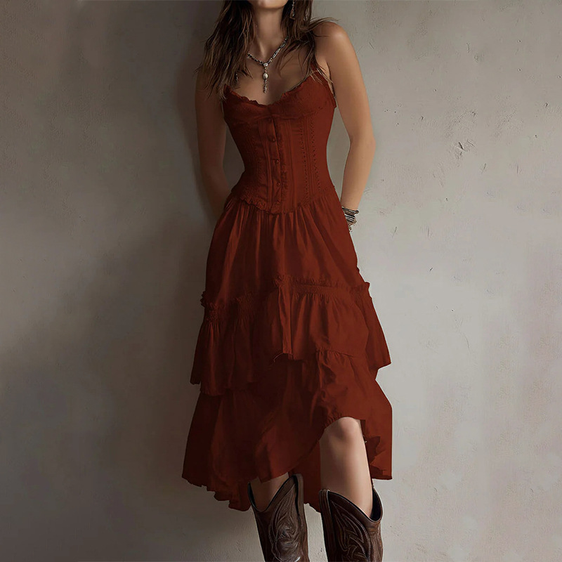2026 European & American Summer Fashion – Cross-Border Collection: Elegant, Stylish Solid-Color Slip-Front Dress  Waistband and Lace Trim   Casual  Comfortable Solid-Color Cake Dress  Waist-Cinching