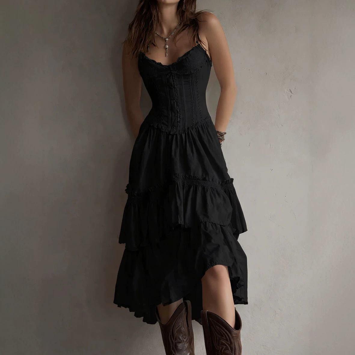 2026 European & American Summer Fashion – Cross-Border Collection: Elegant, Stylish Solid-Color Slip-Front Dress  Waistband and Lace Trim   Casual  Comfortable Solid-Color Cake Dress  Waist-Cinching