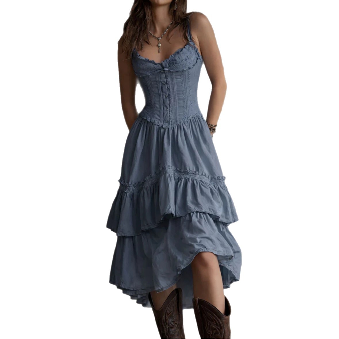 2026 European & American Summer Fashion – Cross-Border Collection: Elegant, Stylish Solid-Color Slip-Front Dress  Waistband and Lace Trim   Casual  Comfortable Solid-Color Cake Dress  Waist-Cinching
