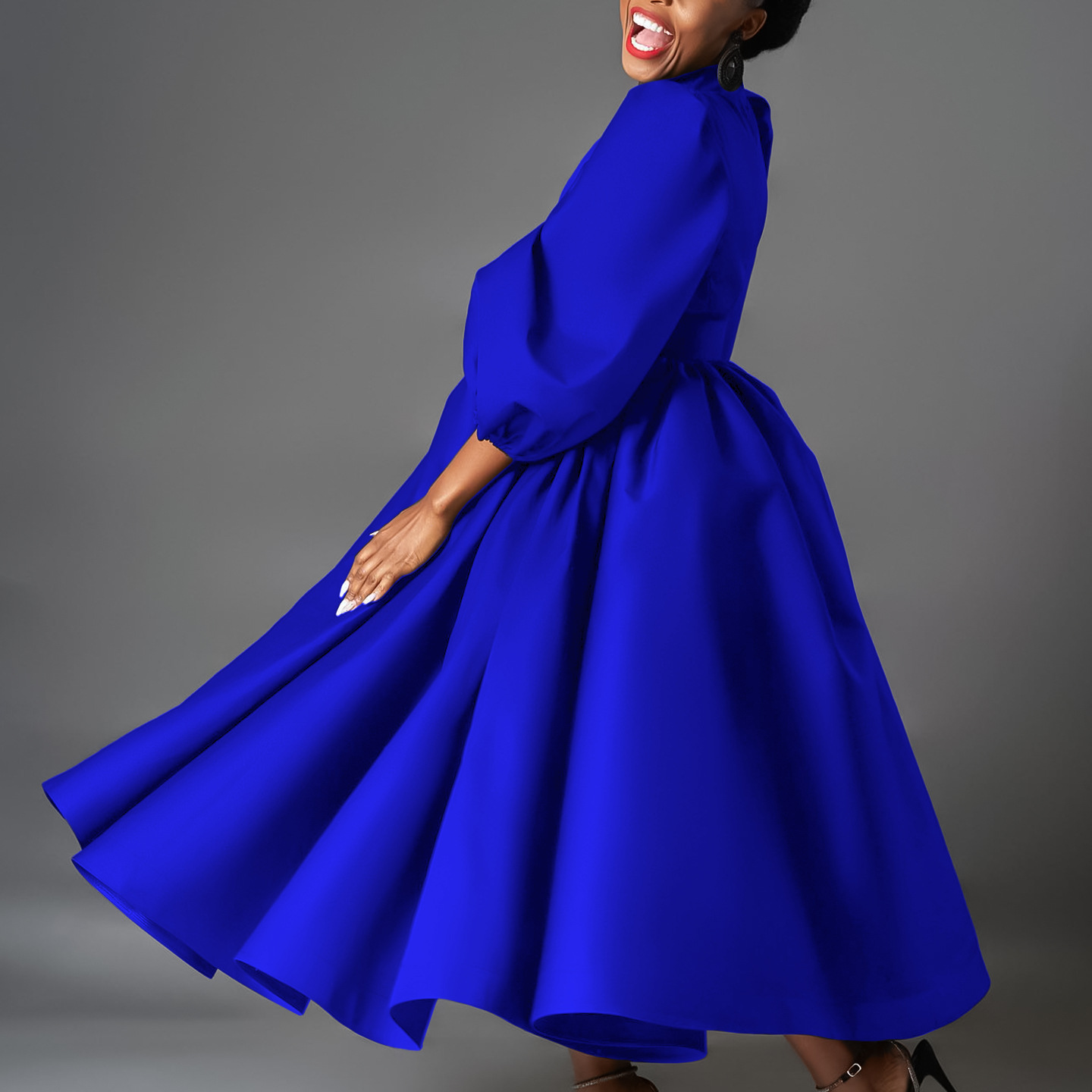 Cross-Border Women's Clothing For Plus-Size Wear – European and American-Style Loose-Fitting  Fashionable Solid-Color Long Skirts With Puff Sleeves  Mid-Length Skirts   African-Style Dresses